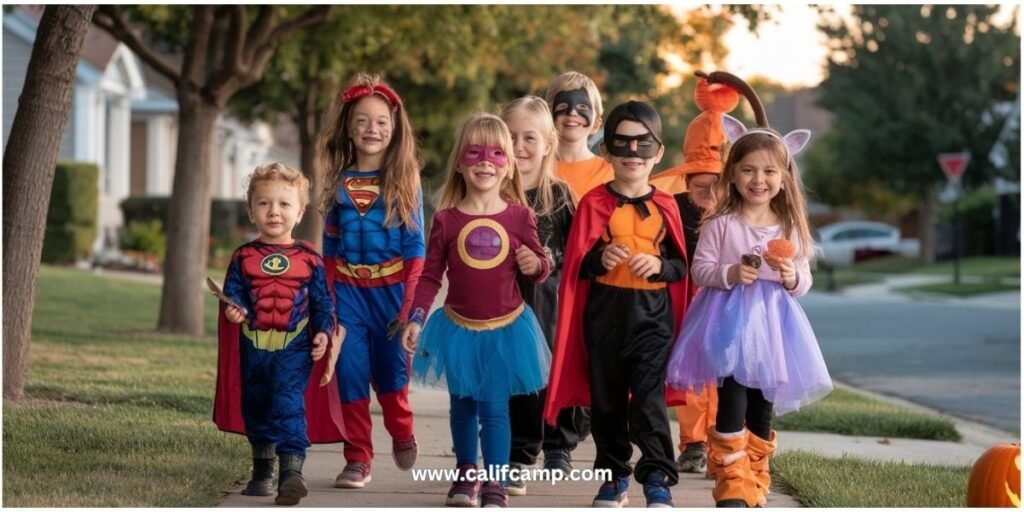 Halloween - children in costumes going trick-or-treating.